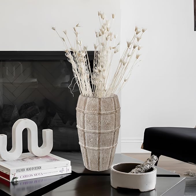 Briful Rustic Terracotta Flower Vase for Home Decor 12" Brown Farmhouse Textured Barrel-Style Ceramic Vase Vintage Handcrafted Gridded Design for Faux & Dried Flowers Living Room Table Centerpiece