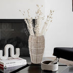 Briful Rustic Terracotta Flower Vase for Home Decor 12" Brown Farmhouse Textured Barrel-Style Ceramic Vase Vintage Handcrafted Gridded Design for Faux & Dried Flowers Living Room Table Centerpiece