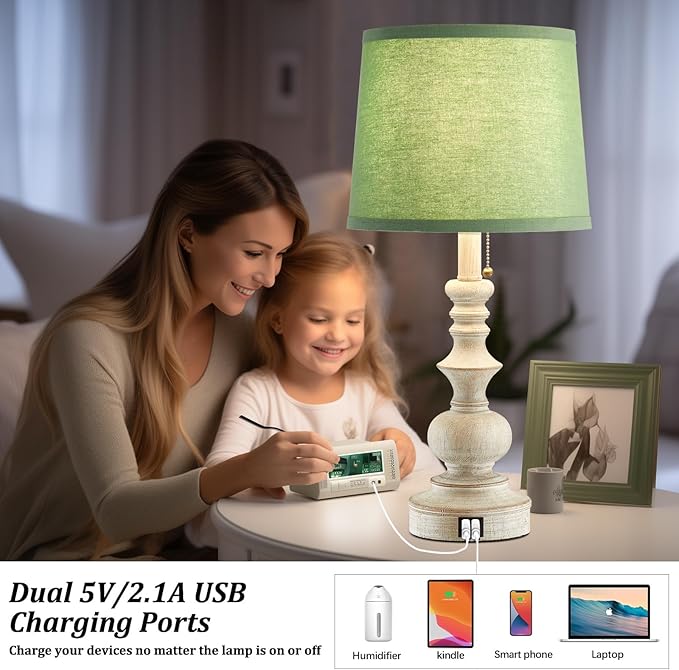 22'' Farmhouse Lamps for Bedrooms Set of 2 Bedside Lamps for Nightstand with USB Charging Ports Traditional Boho Table Lamps for Living Room Study Room,Green Shade,Bulbs Not Included