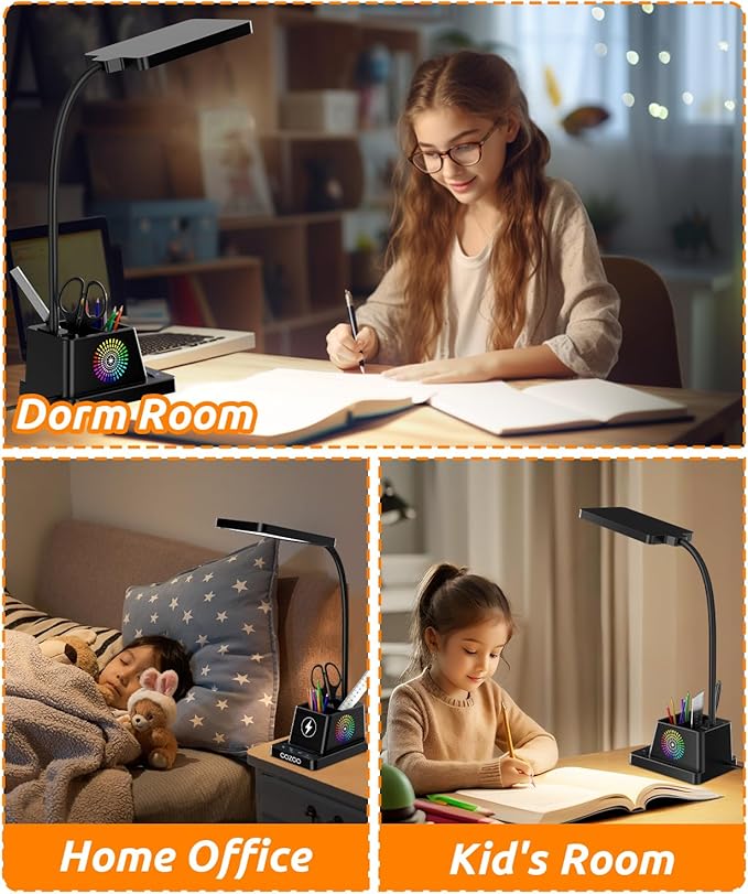 Desk Lamp with Wireless Charger, COZOO LED Desk Lamps for Home Office, Eye-Caring LED Light with Pen Holder for College Dorm Room, Gooseneck Table Lamp for Bedside Office Bedroom Study,Dorm Essentials