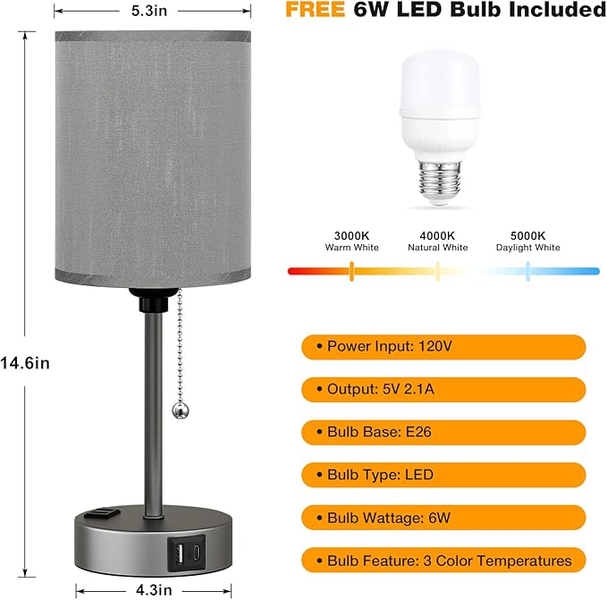 Small Bedside Table lamp for Bedroom - 3 Color Temperatures Bedside Lamps with USB Ports for Housewarming, Pull Chain Table Lamps with AC Outlet, Nightstand Lamps for Kids Reading