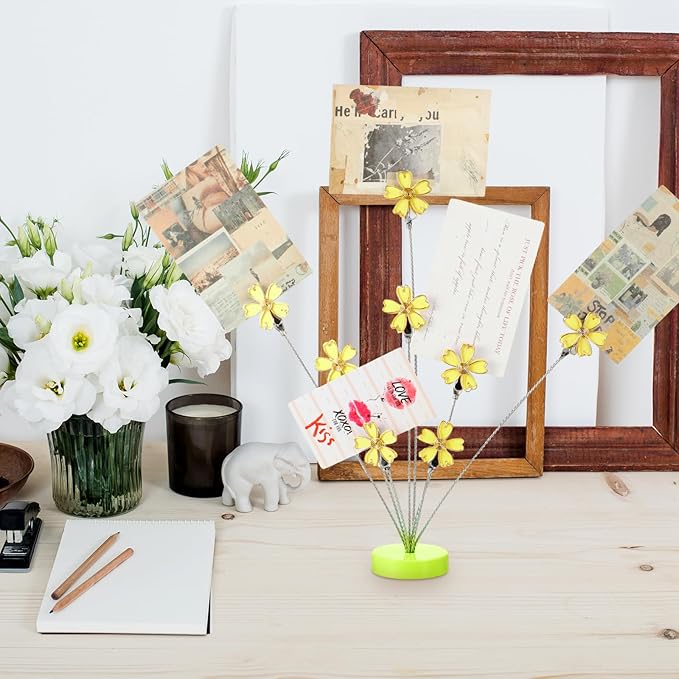Tandefio Photo Tree Holder Clip, 8 Branch Money Family Tree Gift Card Holder with Clips Picture Frame Stand for Memo Paper Note Wedding Photo Display Office Decor (Yellow)