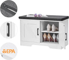 2-Tier Storage Bench, Shoe Bench with Padded Seat Cushion, Entryway Bench with 2 Barn Doors, Adjustable Shelf, 13.8" D x 27.6" W x 17.7" H, for Entryway, Living Room, Bedroom, White