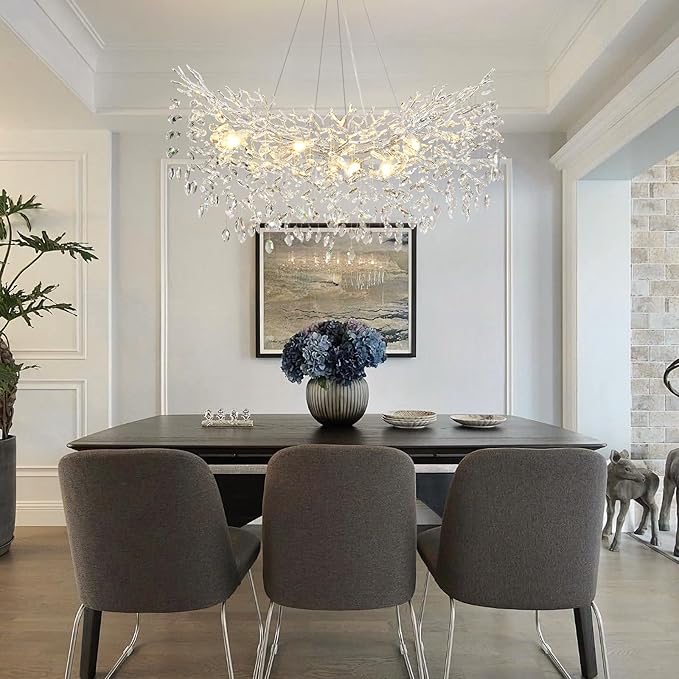 Modern Crystal Silver Chandelier, 36" Large Rectangular Oval Tree Branch Crystal Chandeliers for Dining Room,16-Light Flush Mount K9 Crystal Chandeliers, for Kitchen Island,Dining Room