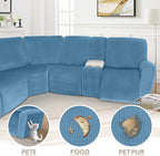 Arfntevss Sectional Recliner Couch Covers Velvet Washable Corner Sectional Sofa Cover for Reclining Couch Stretch Soft Thick L Shape Recliner Slipcover Set (5 Seat with 2 Console Cover, Light Blue)