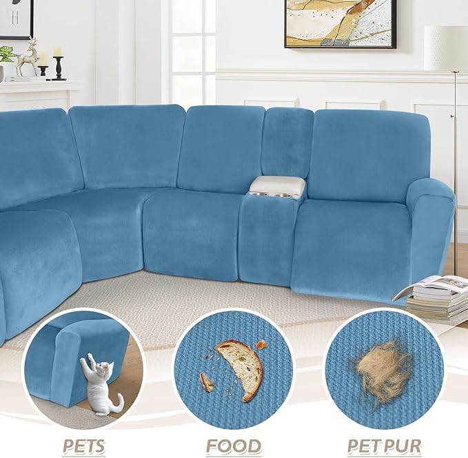 Arfntevss Sectional Recliner Couch Covers Velvet Washable Corner Sectional Sofa Cover for Reclining Couch Stretch Soft Thick L Shape Recliner Slipcover Set (5 Seat with 2 Console Cover, Light Blue)