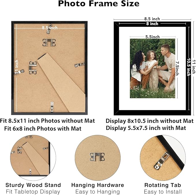 12 Packs 8.5 by 11 Picture Frames, Display 6x8 with Mat or 8.5x11 Without, for Award Certificate Diploma Document, 8.5 x 11 Frames Bulk Set of 12 Photo Frames Set for Wall and Tabletop, Black