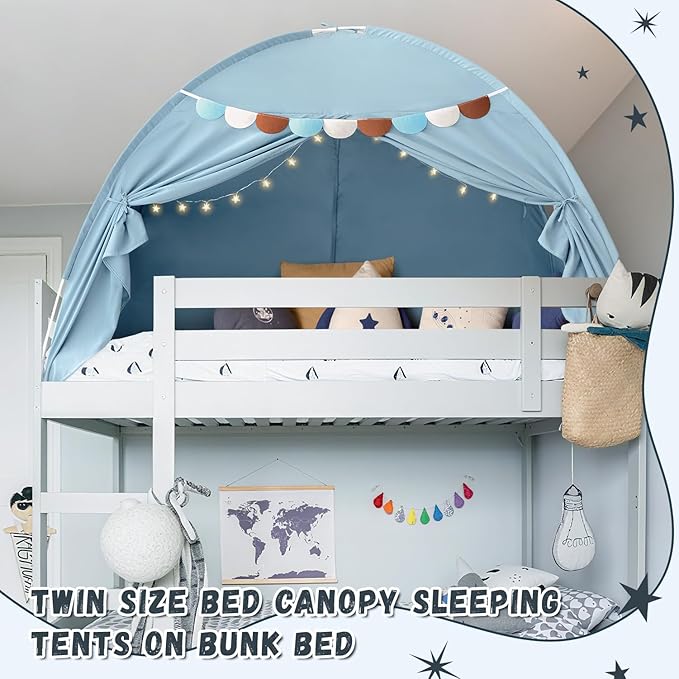 Sherilyn Twin Bed Canopy Tent, Canopy on Bed Privacy Space Sleeping Blackout Tents Bunk Bed Tent Twin Size (Blue)