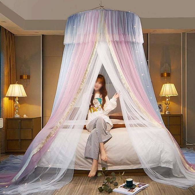 VETHIN Princess Bed Canopy for Girls,Bed Canopy Curtain- Double Layer Sheer Mesh Dome Bed Curtain- Round Lace Princess Mosquito Net Tent for Twin Full Queen King Bed(Pink/Grey/White)