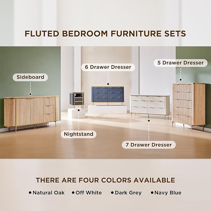 T4TREAM Fluted 5 Drawers Dresser for Bedroom, 48" Tall Modern Dresser Chest of Drawers, Gold Accents, Fluted Fronts, Wood Storage Dressers Organizer for Bedroom, Living Room, Dark Walnut