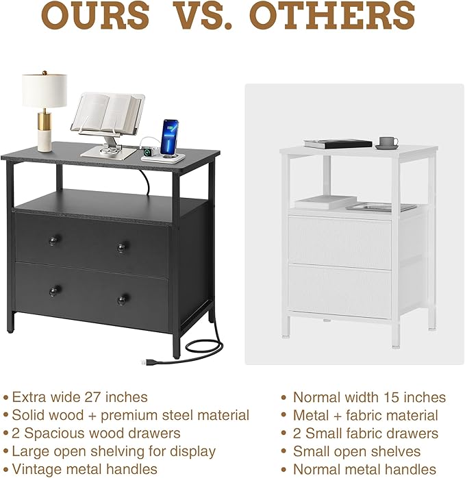 27 inch Wide Night Stand Set 2 with Charging Station, Bedside Table with Open Shelf, 2 Drawers Small Wood Dresser, Modern Wood Nightstand for Bedroom/Living Room (Black)
