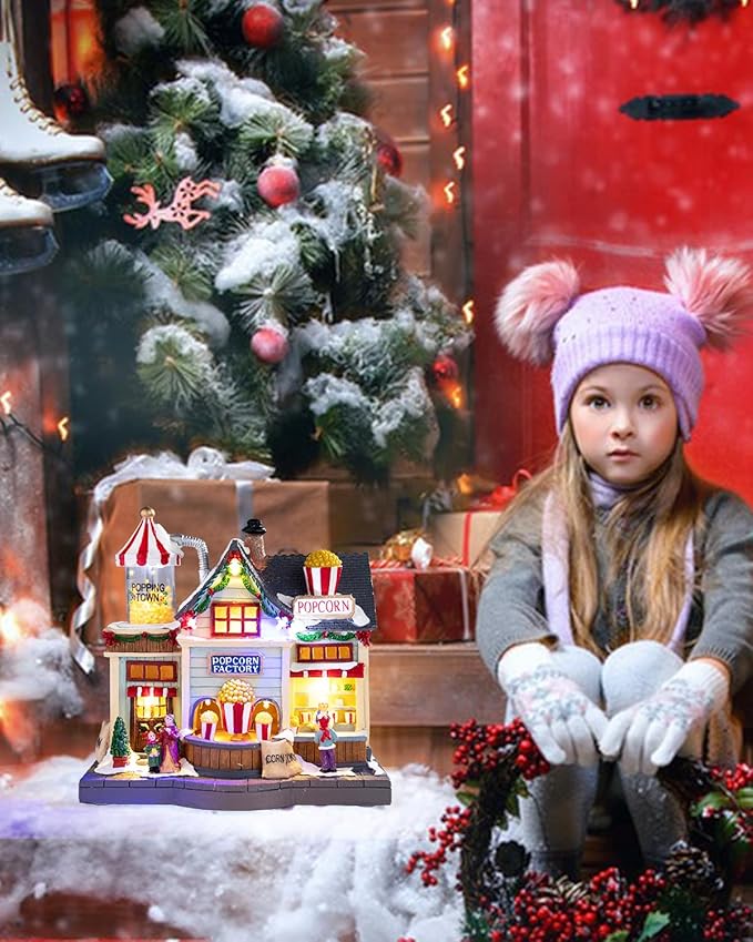 Bdor Christmas Village Lighted Decoration Animated Display Musical Christmas Collectible Popcorn Factory Battery Operated Resin Indoor Decor