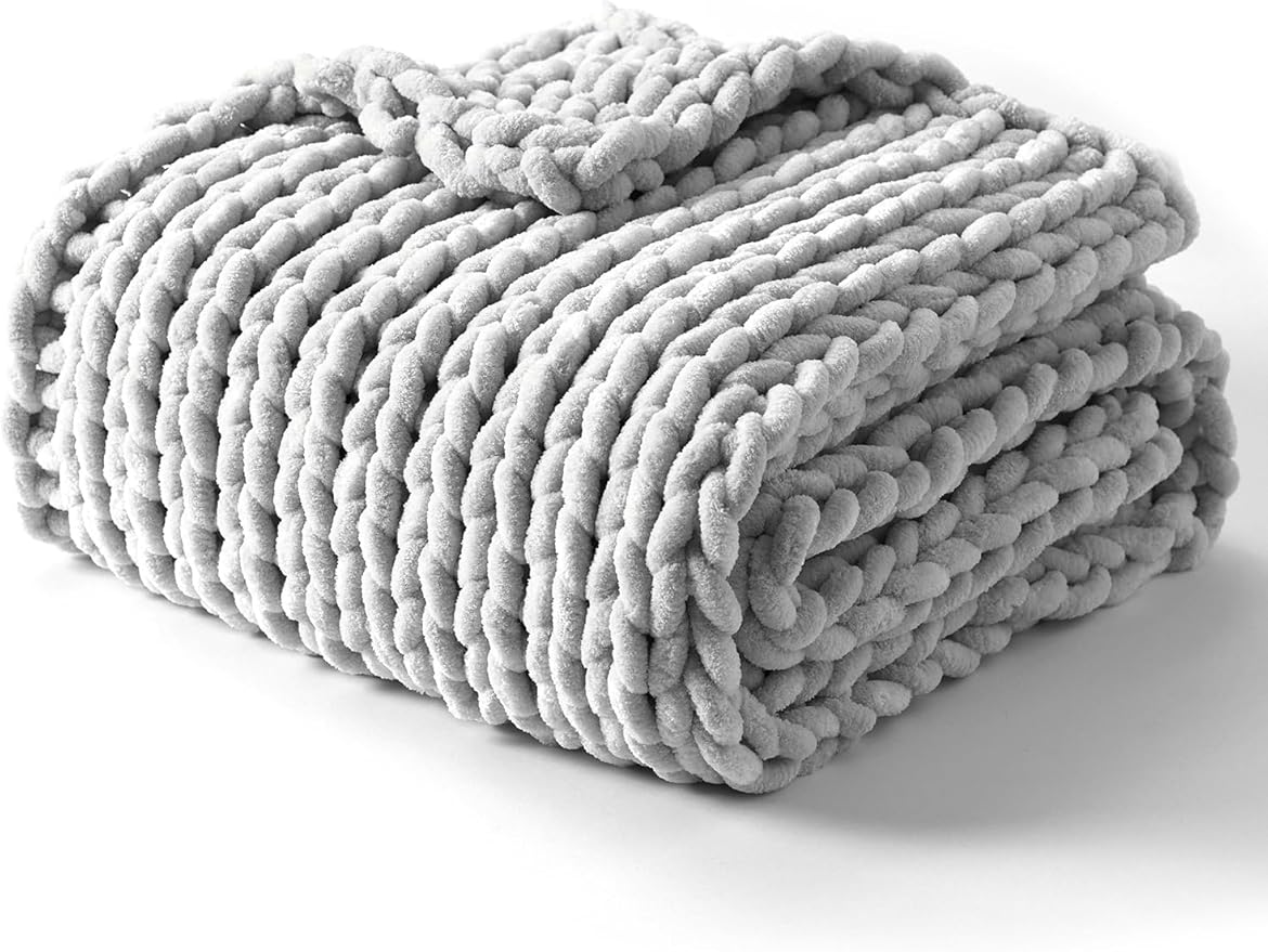 YnM Chunky Throw Blanket, Medium-Weight, Hand Knitted with Chenille Yarn, Skin Friendly, Ventilated and Breathable, Machine Washable, Home Décor Piece for Couch Sofa and Bed (Glacier Grey, 80x87 Inch)