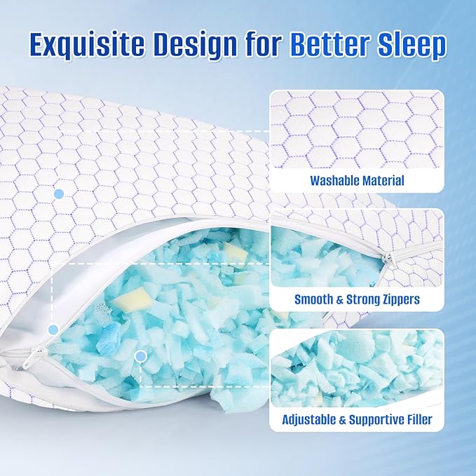 Shredded Foam Pillow for Sleeping, Cooling Bed Pillows Set of 2, Adjustable Pillows for Side, Back, Stomach Sleepers with Washable Pillowcase (King Size, Purple)