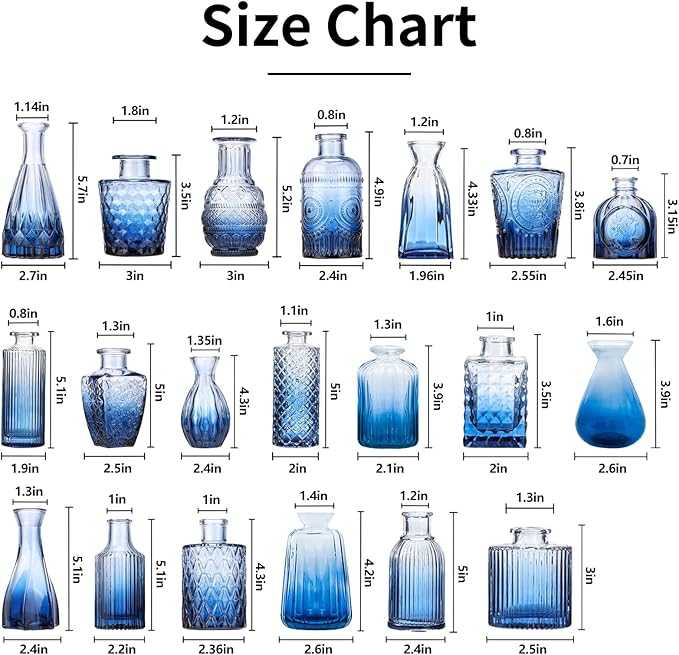 Blue Glass Bud Vase Set,20Pcs Small Glass Vase for Flowers, Blue Bud Set in Bulk,Mini Single Vintage Design for Centerpiece Rustic Wedding Decorations Home Table Flower Décor