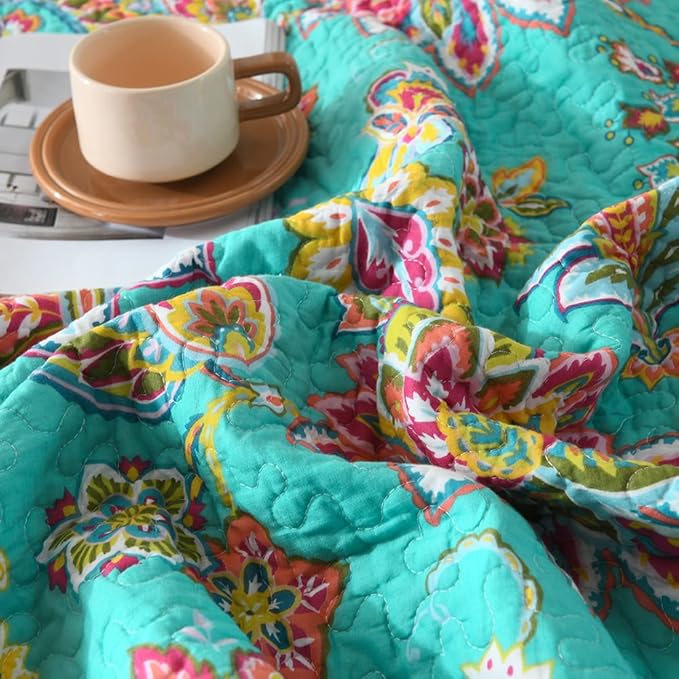 Cotton Bedspread Bedding Coverlet Quilt Sets, Reversible Vintage Branch Floral Bedspread comforters, (Vintage Turquoise Paisley Floral Pattern, King Size)