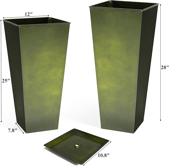 WORTH Garden Large Metal Glazed Planter Set of 2 (25" + 28"), Luxurious Glossy Finish Green Tall Square Tapered Steel Plant Pot, Decor Flower Pot Indoor & Outdoor, Drainage Hole & Dual-Purpose Saucer