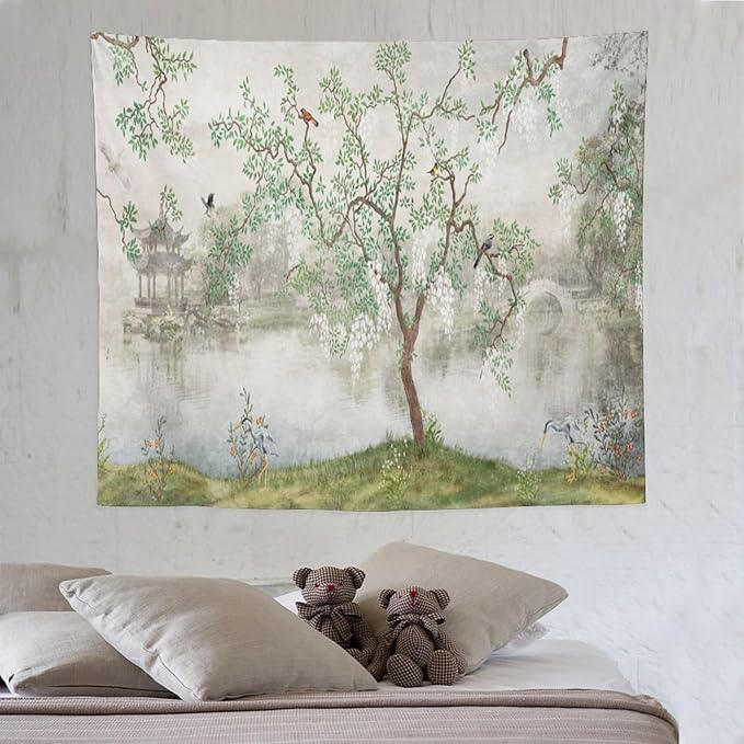 HZOHNAGO Japanese Tapestry Tree Misty Garden Lake Printed Wall Tapestry Ink Painting Wall Hanging for Bedroom Living Room Dorm 60" W x 50" H