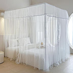 AIKASY 4 Corners Post Ruffle Princess Bed Canopy Curtain - Double Layer Cozy Drape Netting with 4 Openings - Elegant Mosquito Net for Girls and Adults Bedroom Decoration (White, Queen)