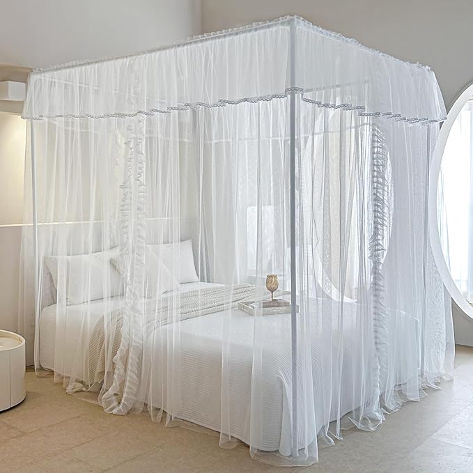 AIKASY 4 Corners Post Ruffle Princess Bed Canopy Curtain - Double Layer Cozy Drape Netting with 4 Openings - Elegant Mosquito Net for Girls and Adults Bedroom Decoration (White, Queen)