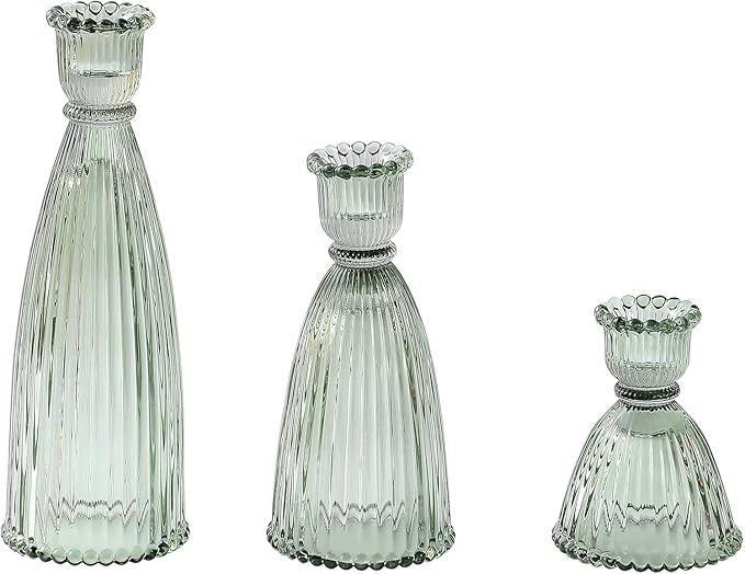 Vertical Stripe Candlestick Holders Set of 3, Premium Glass Candle Holders for Candlesticks and Taper Candles, Vintage Candle Holder Decor for Table Centerpiece, Green