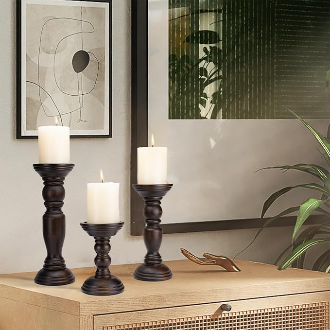 Rustic Wooden Pillar Candle Holders Set of 3, 12'' 9'' 6'' Farmhouse Wood Candle Stand for Table Centerpieces, Vintage Tall Candleholders Fireplace Mantel Decor for Living Room, Dark Brown