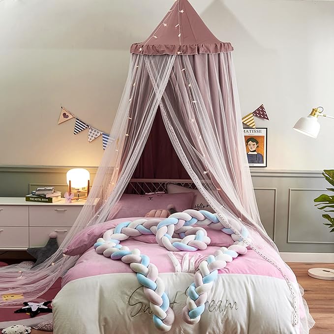 VETHIN Bed Canopy for with Lights,Double Layer Princess Round Dome Dreamy Mosquito Net Bedding Girls Room Castle Play Tent Hanging House Decor Reading Nook Canopies(Jujube Red/White)