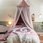 VETHIN Bed Canopy for with Lights,Double Layer Princess Round Dome Dreamy Mosquito Net Bedding Girls Room Castle Play Tent Hanging House Decor Reading Nook Canopies(Jujube Red/White)