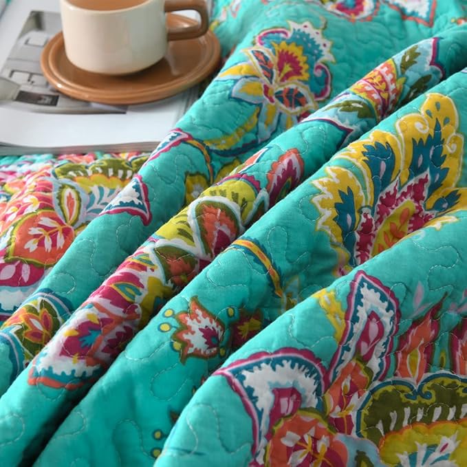 Cotton Bedspread Bedding Coverlet Quilt Sets, Reversible Vintage Branch Floral Bedspread comforters, (Vintage Turquoise Paisley Floral Pattern, King Size)
