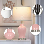 23" Ceramic Table Lamps Set of 2, Modern Ceramic Lamps for Living Room, Cute Bedside Lamps with Ginger Jar Design, Elegant Bedroom Lamps for Nightstand Dining Room Desk Side End Table Home Decor, Pink