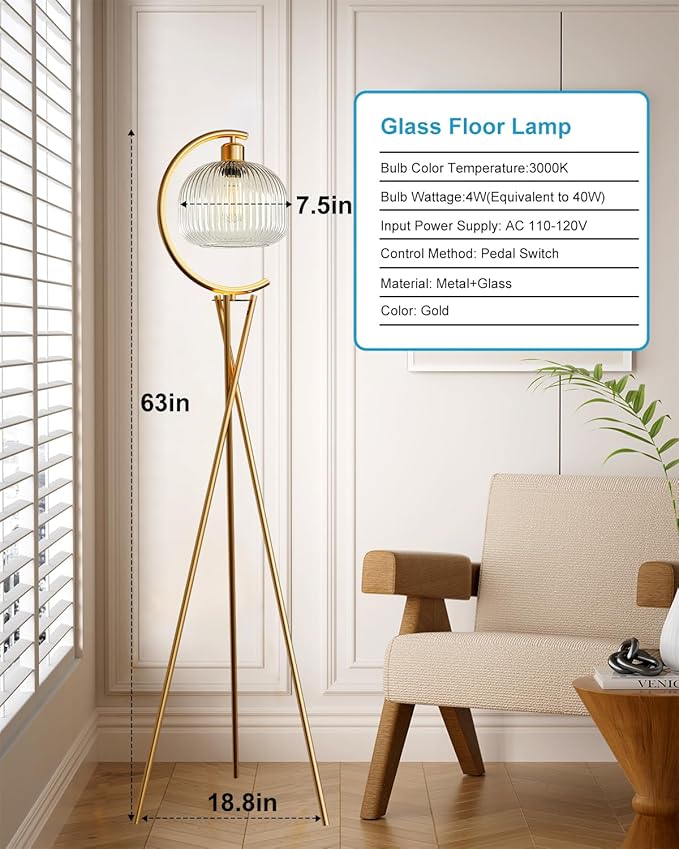 Lightdot Tripod Floor Lamp for Living Room, Gold Standing Lamp with Clear Glass Lampshade, Farmhouse Tall Lamp for Bedroom, Arced Reading Light for Home Office