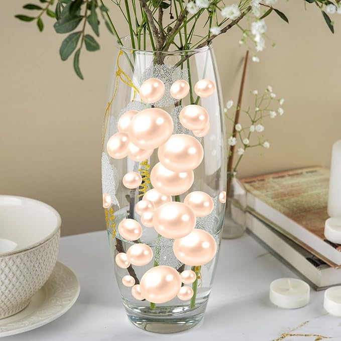 100PCS Light Champagne Faux Pearls Beads for Centerpiece Vases, Vase Filler Faux Pearls, No Holes Filler Beads for Party Anniversary Birthday Wedding Table Decor, 14/20/30mm