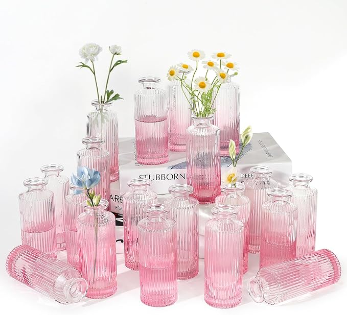 Glass Bud Vases Set of 20, Living Bud Vases, Small Bud Vase in Bulk, Mini Flowers Vases for Centerpiece, Vintage Decorative Vase Set for Table Decorations, Wedding Reception, Home Decor (Pink)