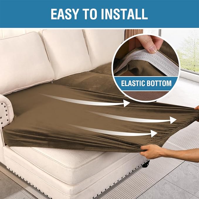 H.VERSAILTEX Velvet Stretch Sectional Couch Covers 3 Pieces Sofa Seat Cushion Covers L Shape Separate Couch Cover for Both Left/Right Sectional Couch (Large Sofa 2 Seater + 1 Chaise, Bronze Brown)