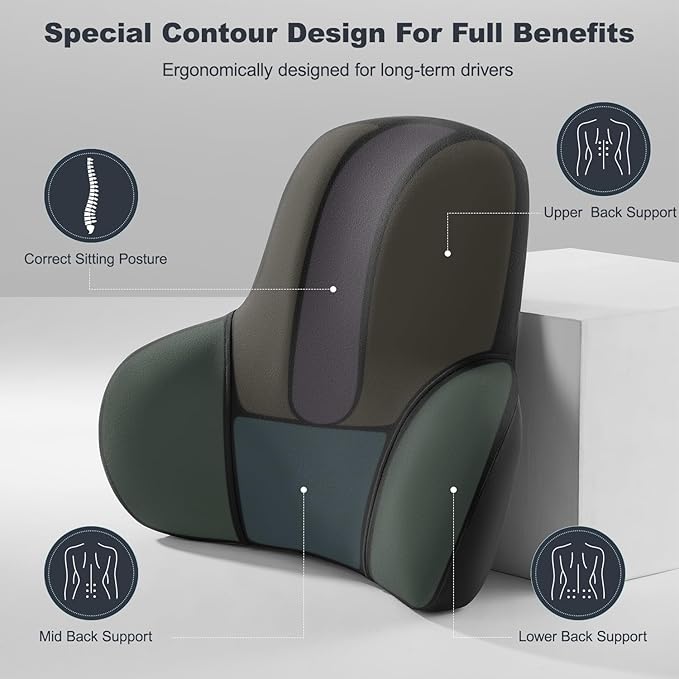 Lumbar Support for Car - Back Support for Driving Seat Lower Back Pain Relief - Memory Foam Lumbar Pillow for Car/Office Chair - Back Cushion for Car-Ergonomic Streamline Soft Washable Cover-Black