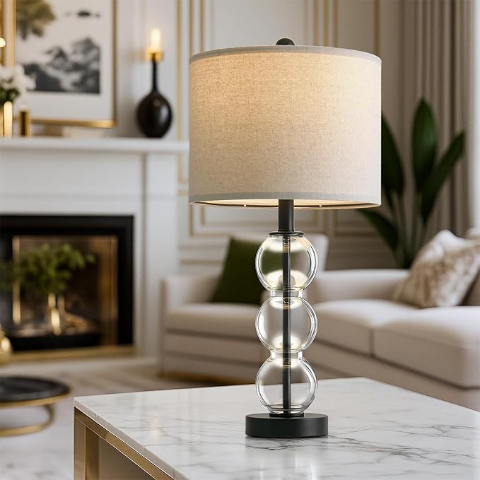 Oneach 24" Glass Table Lamps Set of 2, Black Modern Table Lamps with USB Ports for Living Room, Linen Shade Bedside Lamps for Bedroom, Nightstand, Side Table (Bulbs not Included)