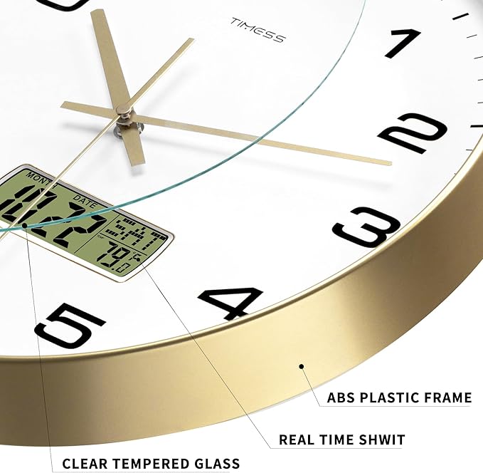 Wall Clock, 14" Large Dial Non-Ticking Silent Battery Operated Analog with LCD Display for Perpetual Calendar and F° Temperature, Ideal Modern Home, Bedroom, Office Decor (Gold)