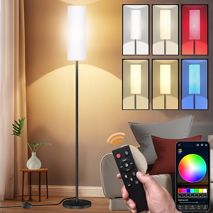 Smart LED Floor Lamp with APP Control & RGB Colors - Dimmable Standing Lamp for Living Room, Bedroom, Gaming - Remote, Timer, 9W Bulb Included, 67" Modern Tall Lamp (White)