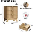 Fluted Nightstand with Charging Station, 24" Wide Bedside Table with 3 Large Storage Drawers, Modern Wood Side Table Night Stand, End Table Small Dresser for Bedroom, Living Room, Dorm, Natural Oak