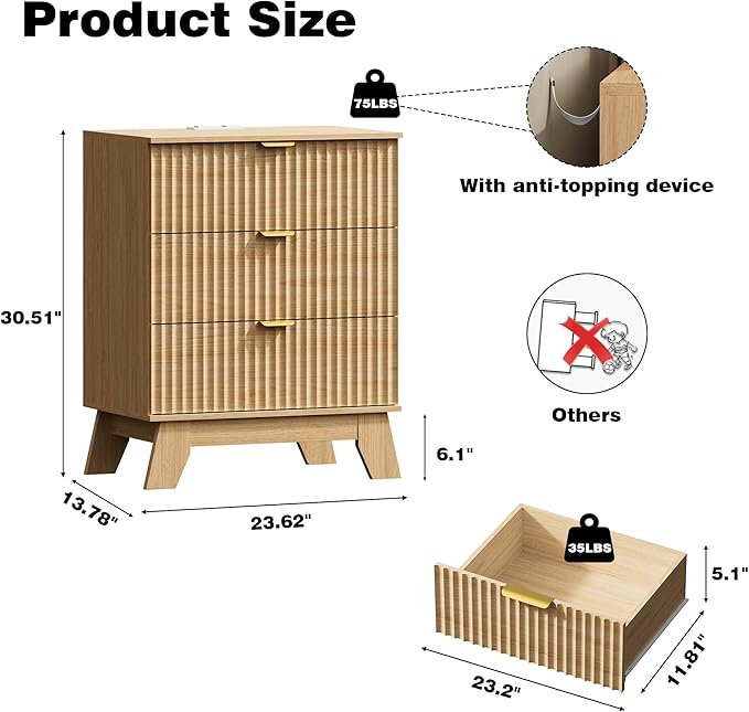 Fluted Nightstand with Charging Station, 24" Wide Bedside Table with 3 Large Storage Drawers, Modern Wood Side Table Night Stand, End Table Small Dresser for Bedroom, Living Room, Dorm, Natural Oak