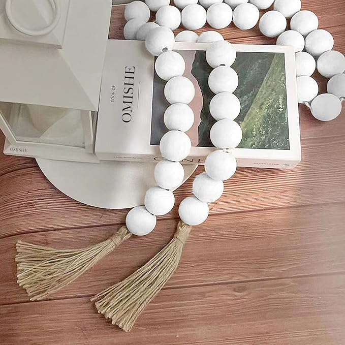 OMISHE 60" Long Extra Large Wood Bead Garland with 1.6" Diameter Wooden Beads and Tassels, Rustic Farmhouse Country Decorative Beads for Home Tiered Tray Decor, White
