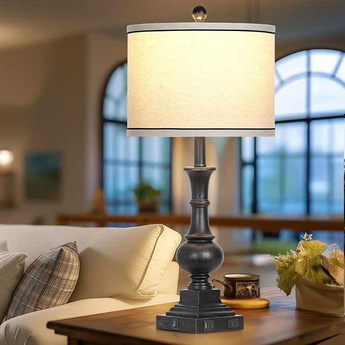 Farmhouse Table Lamps Set of 2, Vintage Bedside Lamps with USB A+C Charging Ports & AC Outlet, 26" Rustic Nightstand Lamp for Living Room Bedroom End Table Wash Black(2 LED Bulbs Included)