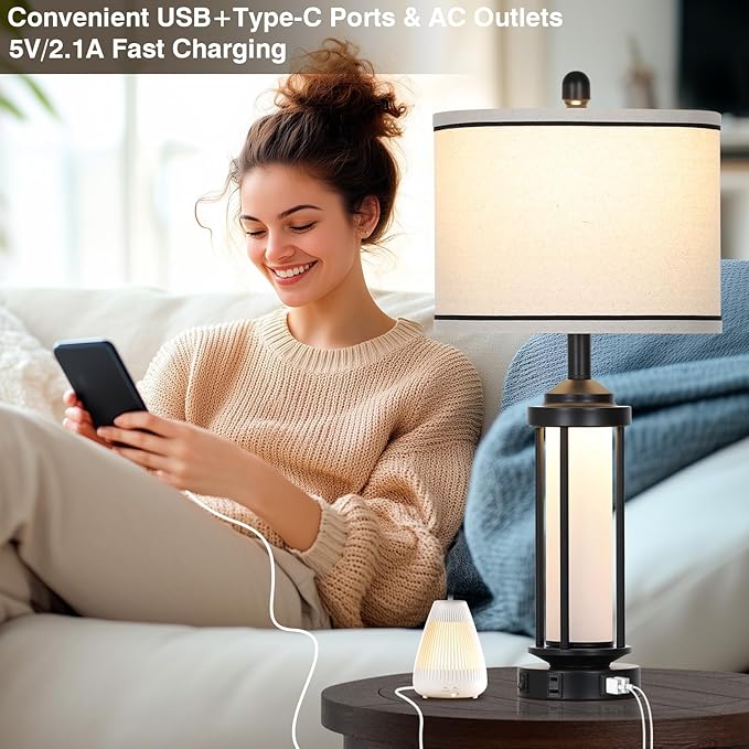 Table Lamps for Living Room Set of 2, Black Farmhouse Rustic Industrial Table Lamp with USB A+C Charging Ports & AC Outlet, 27" Modern Table Lamps with LED Night Light & Linen Fabric Lampshade
