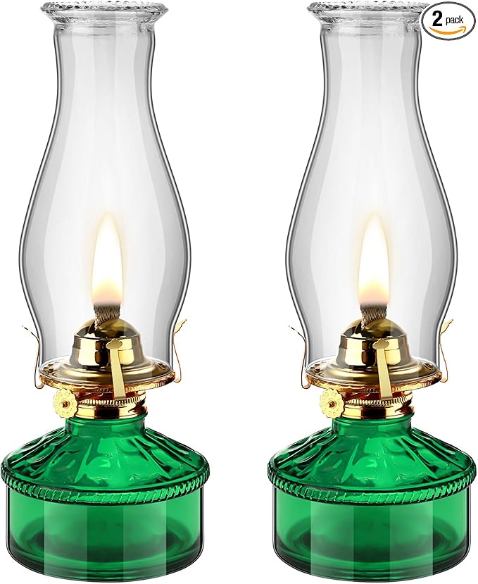 Tuanse 2 Pcs Oil Lamps for Indoor Use Vintage Hurricane Emergency Glass Oil Lamps Large Lantern Classic Decorative Oil Lamp for Home Tabletop Emergency Lighting Supplies(Green)