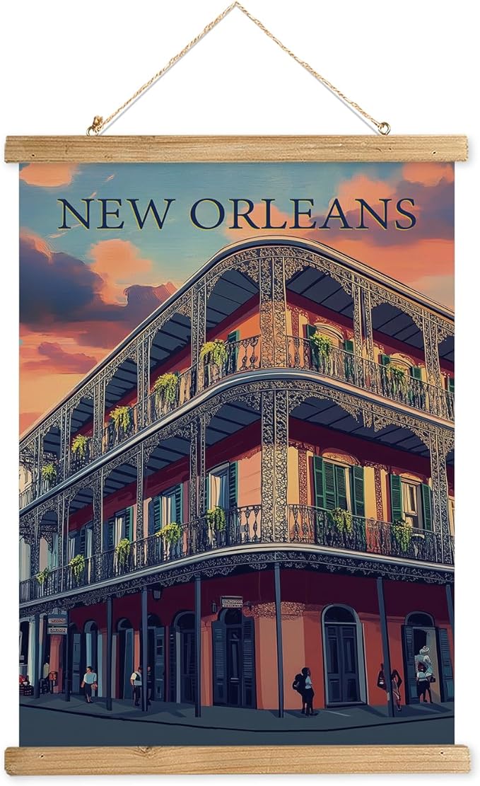 WREVERW Vintage New Orleans Poster Canvas Print with Wooden Hanger Frame, Featuring French Quarter Architecture and Iconic Iron Balconies, Wall Art for Home and Office Decor, 16x23 inches