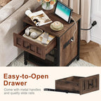 FATORRI End Table with Charging Station, Farmhouse Side Table with Drawer, Rustic Wood and Metal Nightstand and Bedside Tables for Living Room (Rustic Brown)