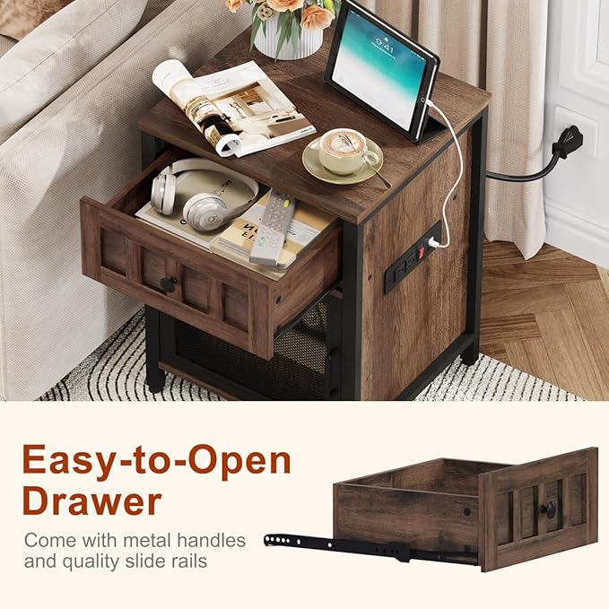 FATORRI End Table with Charging Station, Farmhouse Side Table with Drawer, Rustic Wood and Metal Nightstand and Bedside Tables for Living Room (Rustic Brown)
