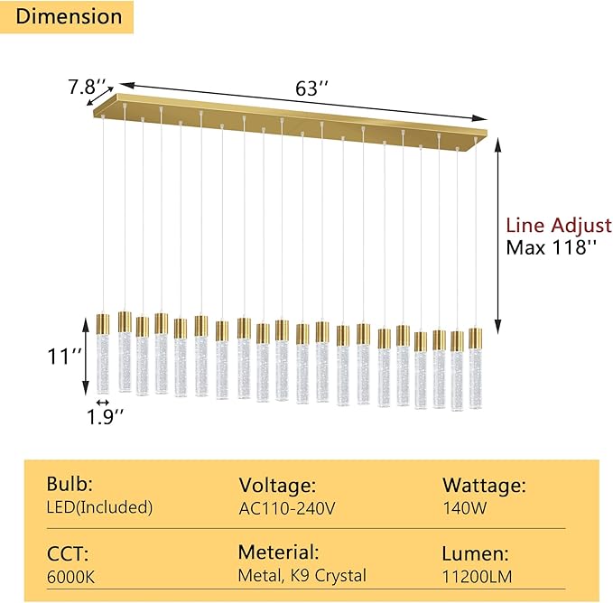 20-Lights Modern Crystal Chandeliers LED Pendant Light for Kitchen Island Dining Room Entrance Foyer Living Room 6000K Gold