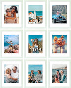 Vittanly 11x14 Picture Frames Set of 9, Shatter Resistant Plexiglass, Display 8x10 Pictures with Mat or 11x14 without Mat, Photo Frames for Wall or Tabletop, Engineered Wood, Vintage Green