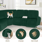 Arfntevss Sectional Recliner Couch Covers Velvet Washable Corner Sectional Sofa Cover for Reclining Stretch Soft Thick L Shape Recliner Slipcover Set (5 Seat with 1 Console Cover, Dark Green)